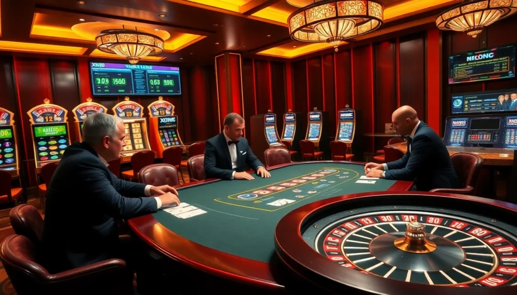 Experience thrilling gameplay at XX88 with luxury poker and slot machines in a vibrant casino setting.