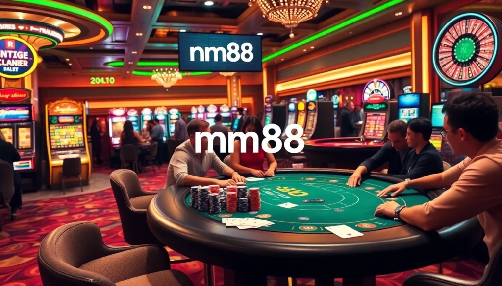 Experience the thrill of mm88 at a vibrant poker table with eager players and dazzling casino lights.