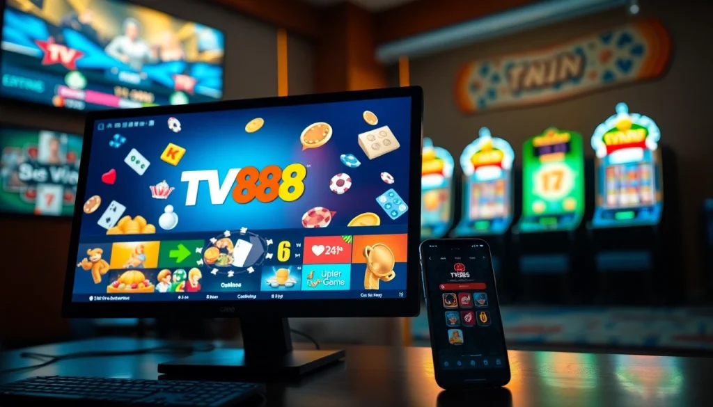 TV88 online gaming interface displayed on computer and smartphone, showcasing vibrant games and logos.