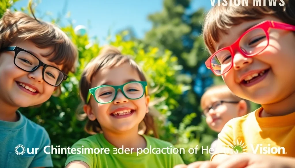 Promoting Our Children's Vision by showing children engaged in playful activities with glasses.