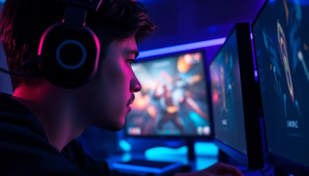 Masuk ke hakim4d login game dengan gamer serius menggunakan headphone, suasana gamelan yang mendebarkan.