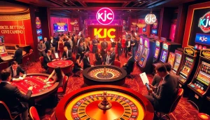 Experience the excitement at KJC AC casino with players engaged in poker and roulette.