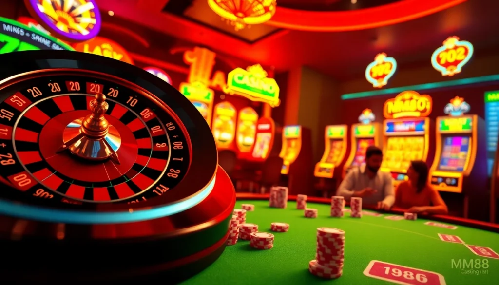 Experience the thrill of MM88 with vibrant roulette wheels and poker chips in a modern online casino setting.