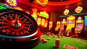 Experience the thrill of MM88 with vibrant roulette wheels and poker chips in a modern online casino setting.