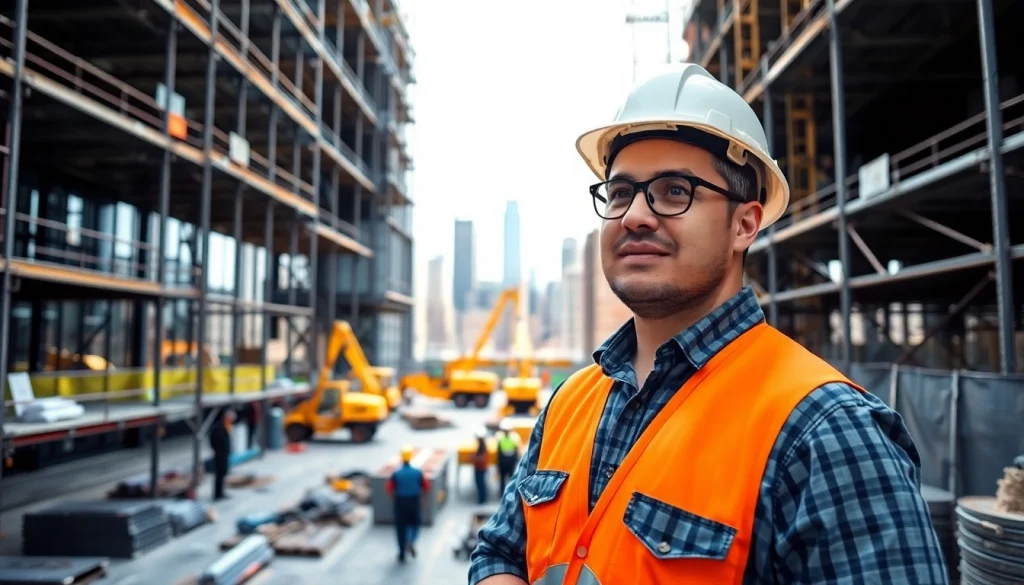 New York City Construction Manager inspecting progress at an urban construction site with scaffolding and skyline.
