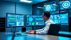 Visual of a technician engaging in Remote Monitoring and Management (RMM) in a high-tech office.