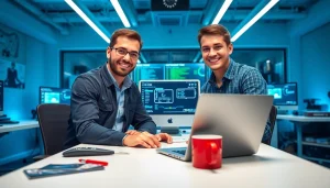 Providing computer help with expert guidance in a modern tech office.