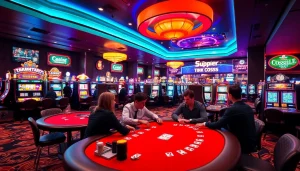 คาสิโนที่มีบรรยากาศคึกคักพร้อมกับโต๊ะเล่นเกมและเครื่องสล็อตมากมาย
