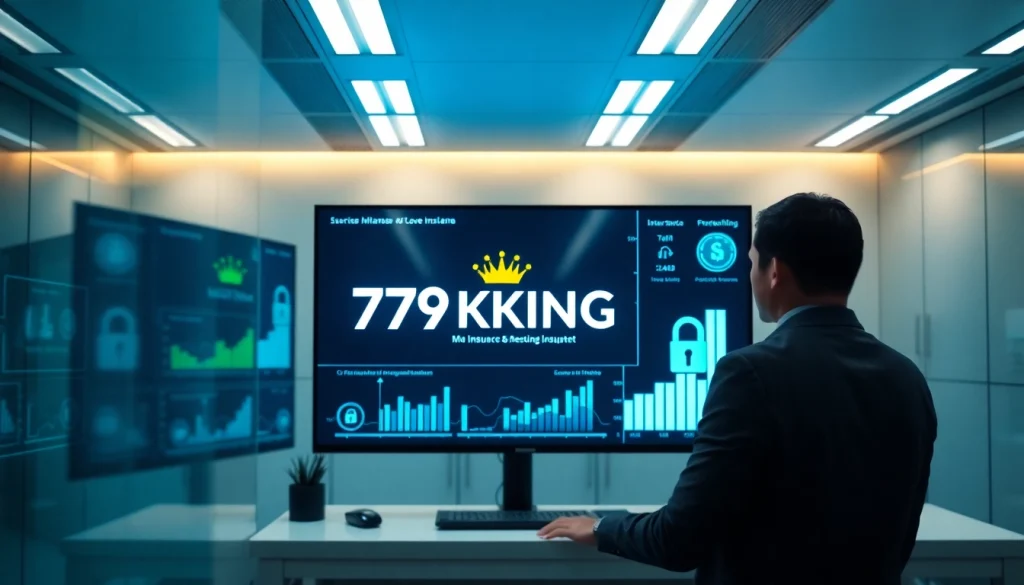 Современная финансовая конференц-зал, где профессионал анализирует визуализации данных страхования 79KING для обеспечения безопасности и инноваций в 2025 году