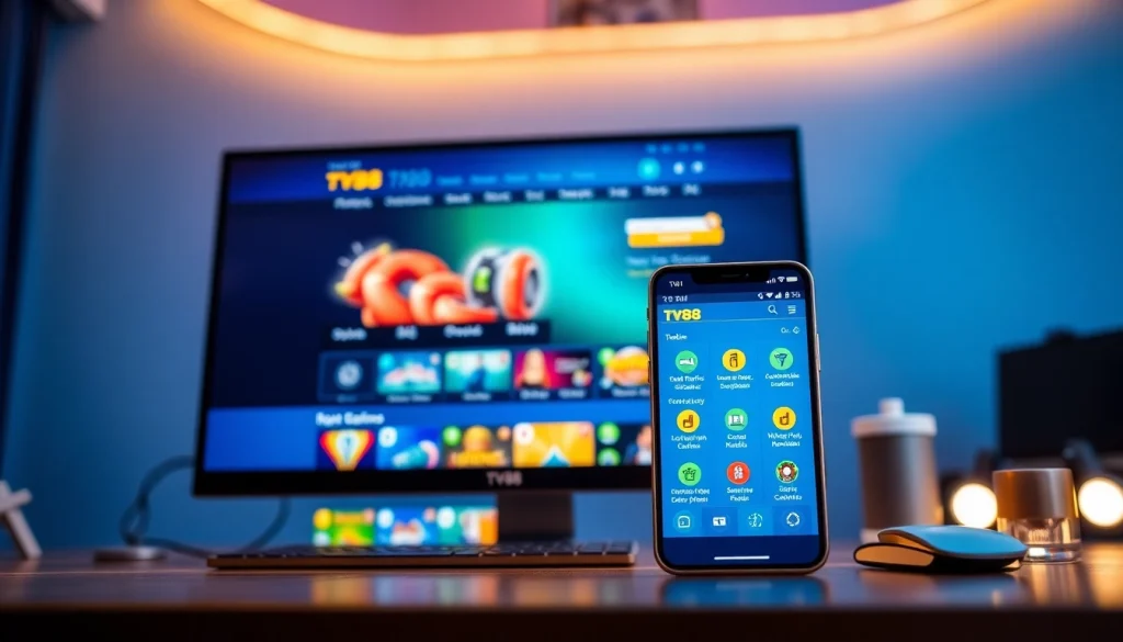 TV88 online gambling platform interface on desktop and mobile, showcasing vibrant games and user-friendly design.