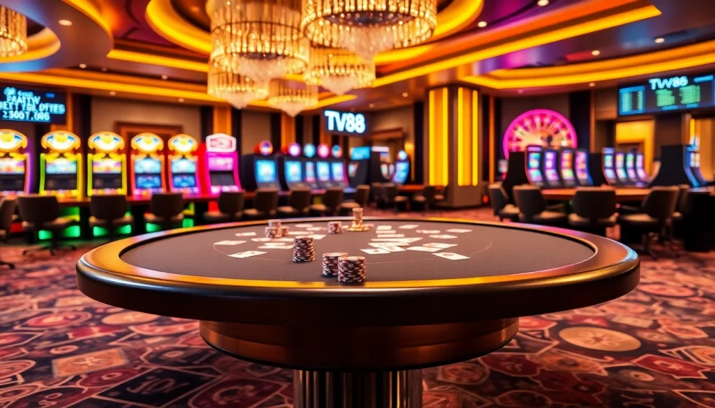 Experience the excitement of gambling at TV88 with poker tables and vibrant slot machines.