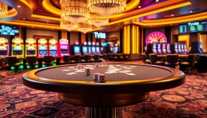 Experience the excitement of gambling at TV88 with poker tables and vibrant slot machines.