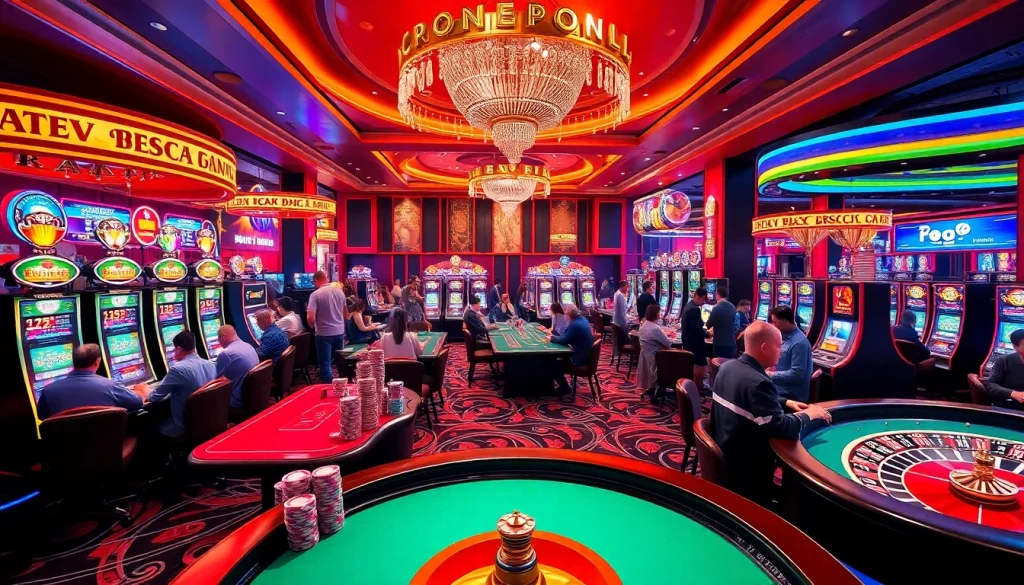 Experience the vibrant gambling world of KJC AC 1 with players enjoying casino tables and slot machines.