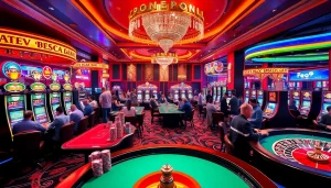 Experience the vibrant gambling world of KJC AC 1 with players enjoying casino tables and slot machines.