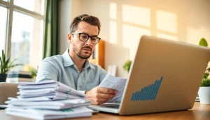 Engaging scene of small business accounting and bookkeeping, depicting an accountant analyzing financial documents in a bright office.