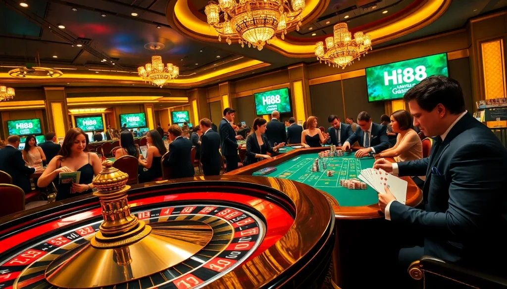 Players thrill at the Hi88 casino, enjoying high-stakes roulette surrounded by luxury and excitement.
