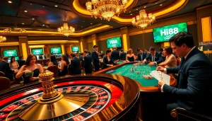 Players thrill at the Hi88 casino, enjoying high-stakes roulette surrounded by luxury and excitement.