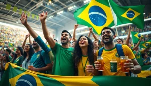 Capture the excitement of sports betting in Brazil with passionate fans celebrating in a stadium.