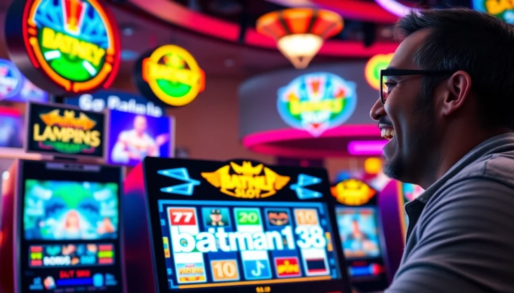 Menangkan pengalaman bermain batman138 slot dengan slot mesin mengkilap di latar yang cerah.