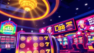 Tampilkan bro138 slot dengan simbol kemenangan menarik di mesin slot yang berwarna-warni.