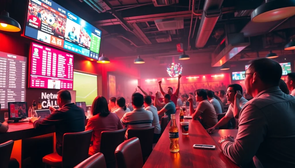 Experience the excitement of Nhà Cái RR88 in a lively sports bar ambiance, showcasing betting activities.