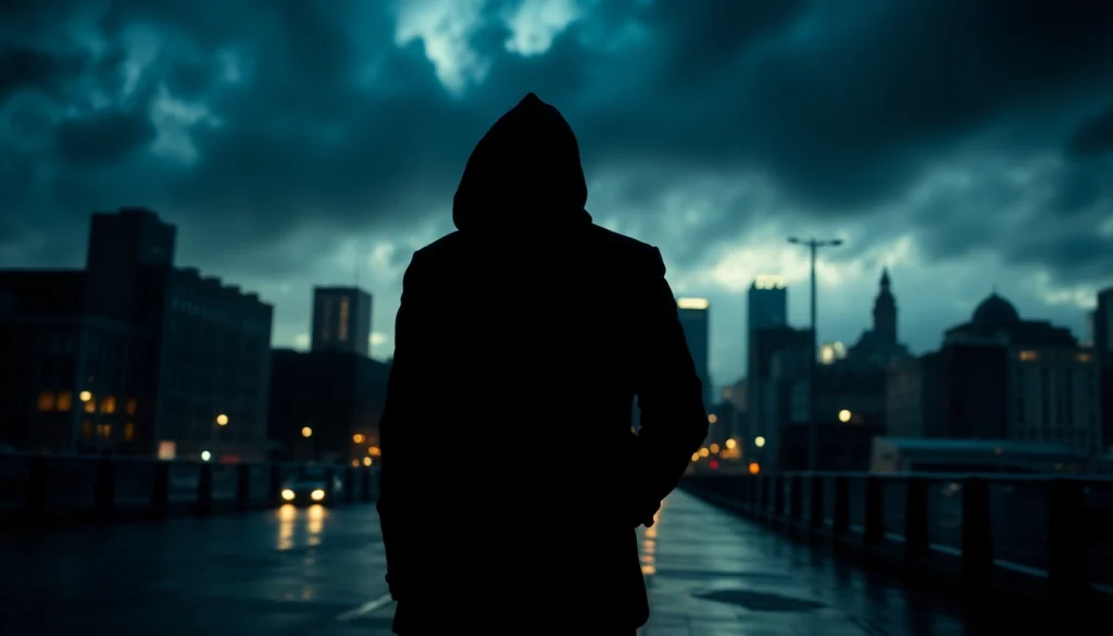 Engaging thriller book cover showcasing suspenseful city elements and a mysterious figure.