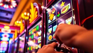 Putaran slot pada mesin slot yang berwarna cerah dan menarik di kasino.