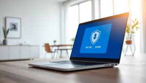 Download the 火绒安全下载 software interface displayed on a sleek laptop in a modern office.