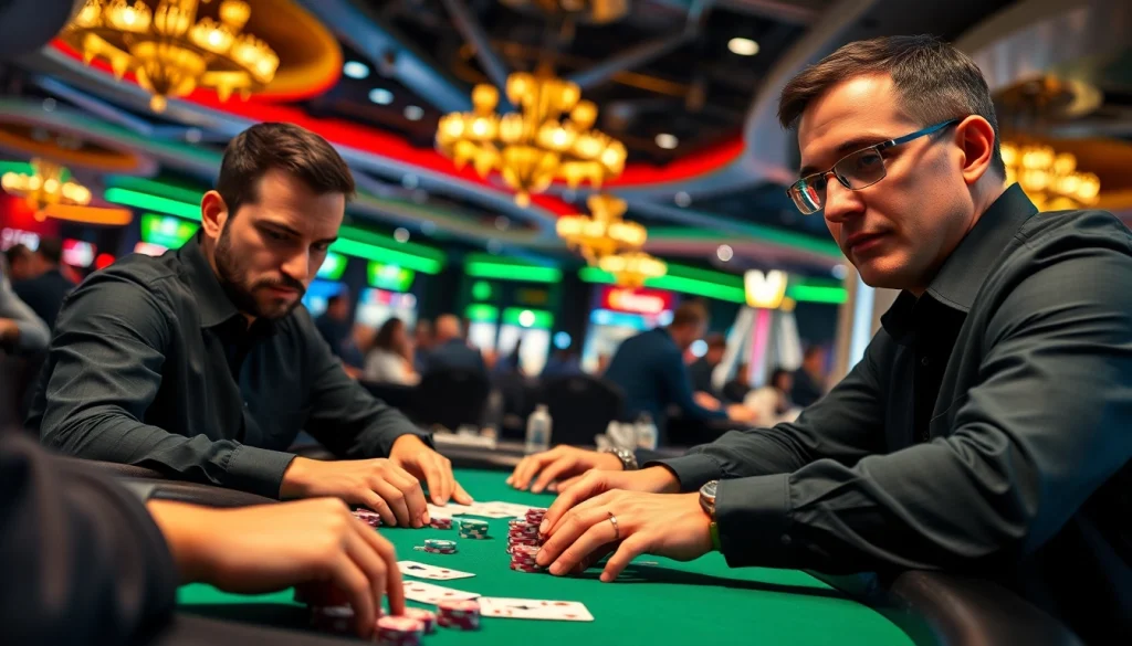 Mainkan Domino88 poker game dengan fokus pada pemain bersemangat dan suasana kasino yang hidup.