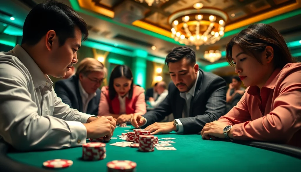 Intense scene of RR88 poker players at a high-stakes table, showcasing strategic gameplay.