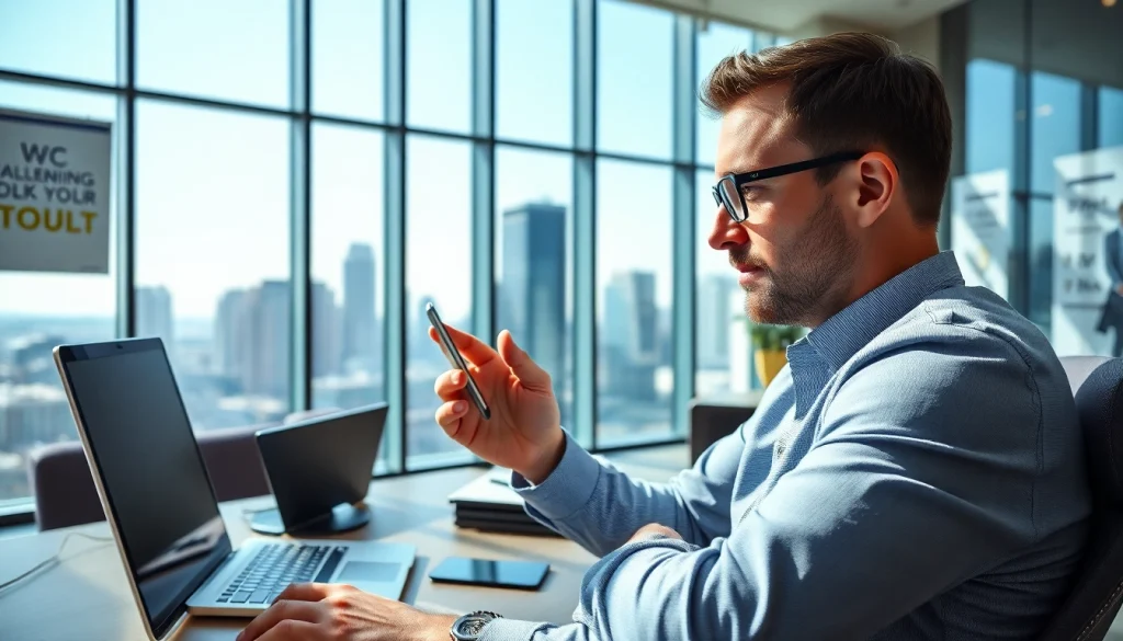 Buy LinkedIn Profiles while professionally engaging with LinkedIn in a modern office environment.