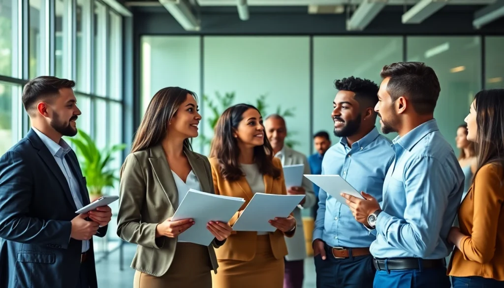 Networking professionals discussing small business jobs in a modern office setting.