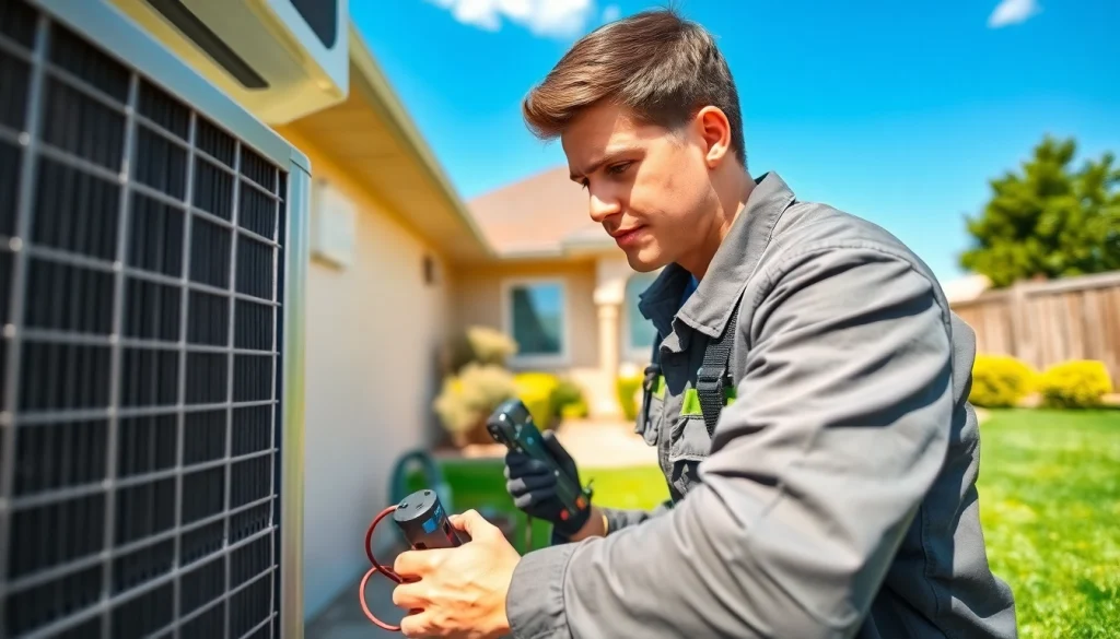 Technician from https://nobleheatingairservices.com repairing air conditioning unit in bright backyard.