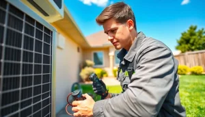 Technician from https://nobleheatingairservices.com repairing air conditioning unit in bright backyard.