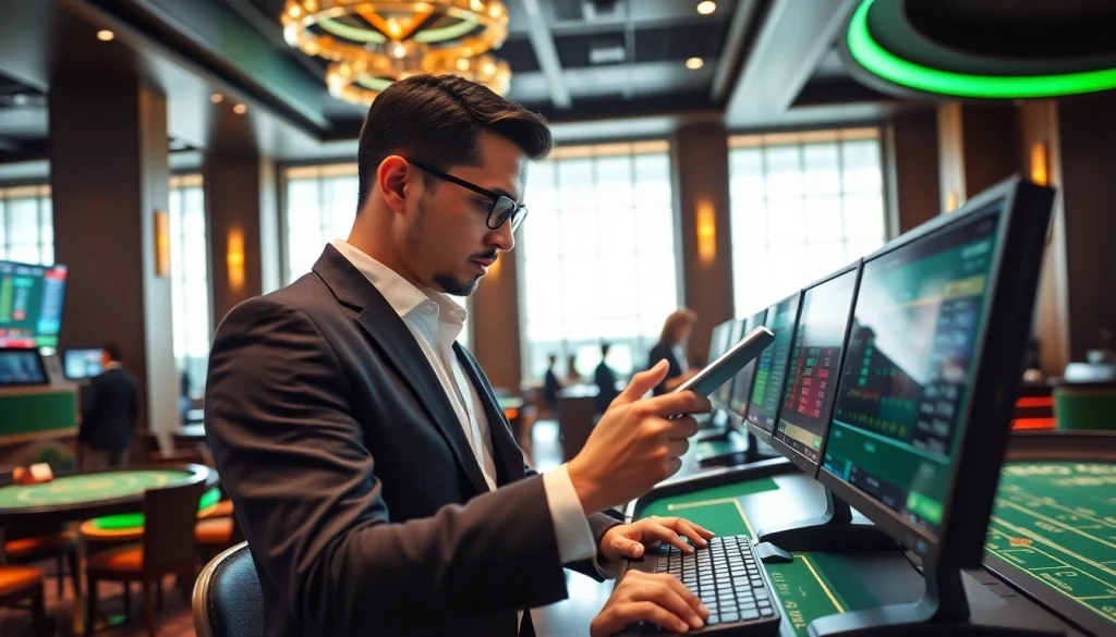 MM88 professional gambler examining betting statistics in a modern casino setup.