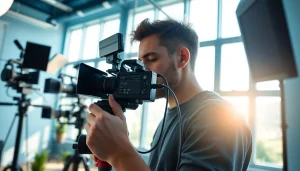 Videographer expertly demonstrating video capture techniques in a sleek studio environment.