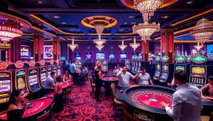 Casino atmosphere with vibrant slot machines and poker chips at KJC AC 1.