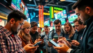 View of diverse individuals actively engaging with the best sports betting sites in India using devices in a lively urban atmosphere.