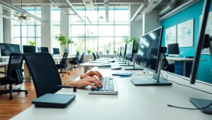 Boost productivity at the typing center with a modern workspace setup showcasing focused typing.