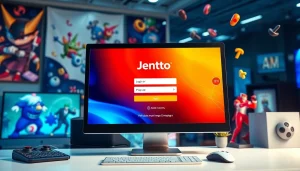 Masuk pada jentoto login dengan tampilan antarmuka digital yang menarik dan permainan yang mengelilinginya.