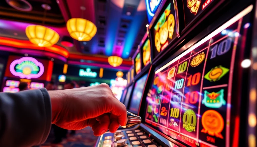 Putar slot machine di kasino yang cerah dengan banyak lampu berwarna.