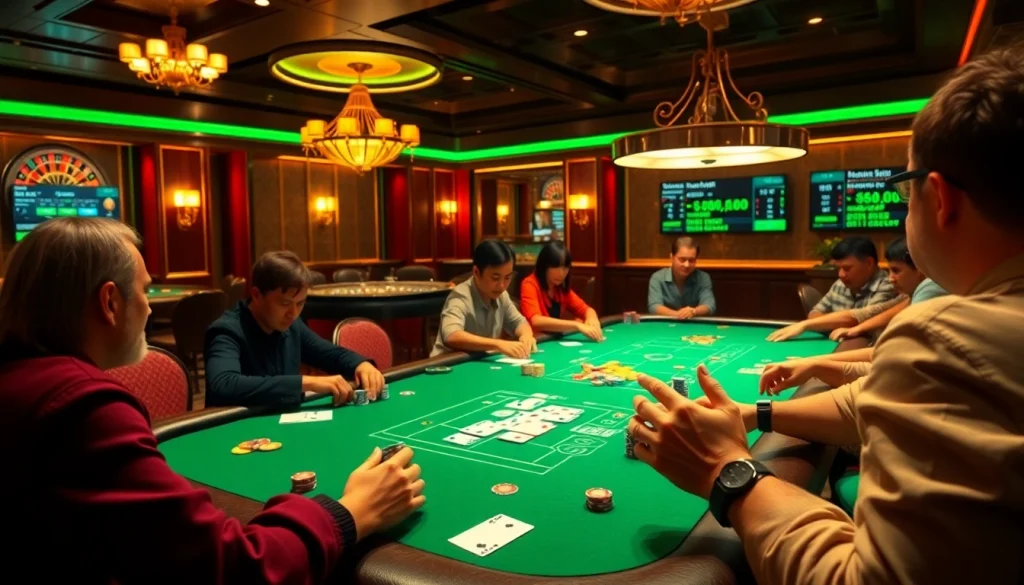 Experience trực tiếp bóng đá in a luxurious casino setting with intense poker action and vibrant chips.