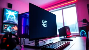 Download 雷电模拟器下载 logo displayed on a high-performance gaming computer screen in a vibrant setup.