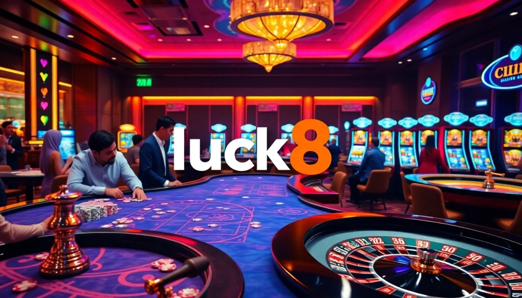 Luck8 players enjoying a vibrant casino atmosphere with engaging tables and slot machines.