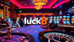 Luck8 players enjoying a vibrant casino atmosphere with engaging tables and slot machines.