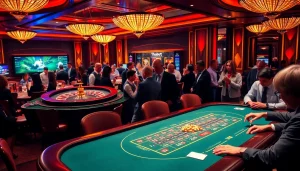 Players engaging at a Thabet poker table, showcasing excitement and luxury in a vibrant casino atmosphere.