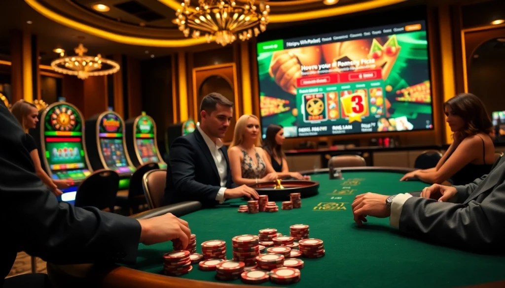 Experience thrilling gameplay at https://rr88.pizza/ with players engaged in intense poker action surrounded by slot machines.