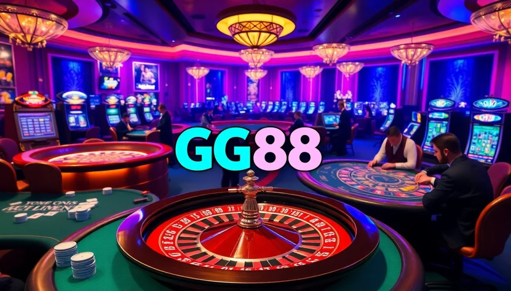 Experience the excitement of gambling at GG88 with vibrant casino elements like poker chips and a roulette wheel.
