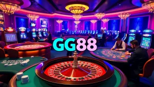 Experience the excitement of gambling at GG88 with vibrant casino elements like poker chips and a roulette wheel.