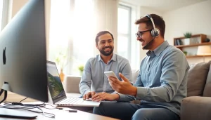 Providing residential it support through personalized assistance in a modern home setting, featuring an engaged technician and homeowner.